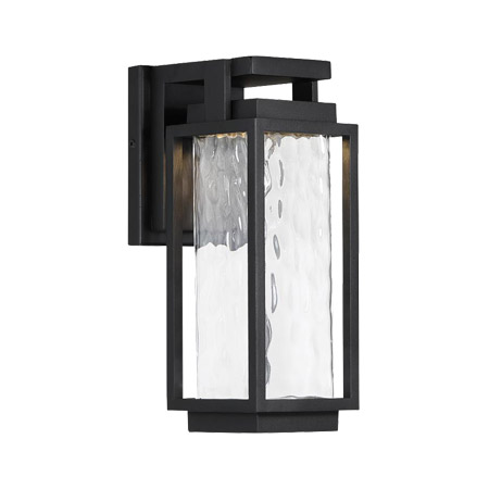 Two If By Sea Collection 1-Light LED Outdoor Wall Mount Lantern in Black with Clear Hammered Mouth Blown Glass Panels Modern Forms WS-W41918-BK