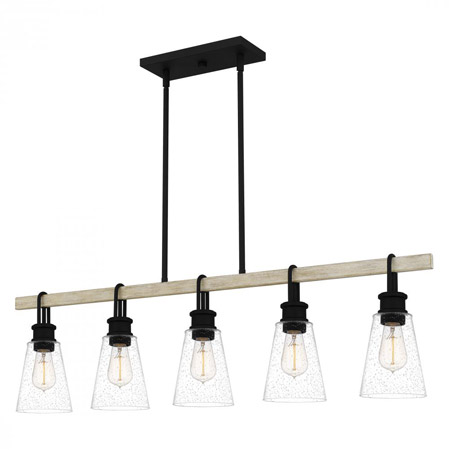 Kingsbridge Collection 5-Light Linear Island Chandelier in Earth Black with Natural Wood Frame and Clear Seeded Glass Shades Quoizel KGB142EK