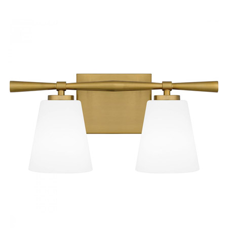 Brindley Collection 2-Light Bath Vanity in Aged Brass with Soft Opal Etched Glass Shades