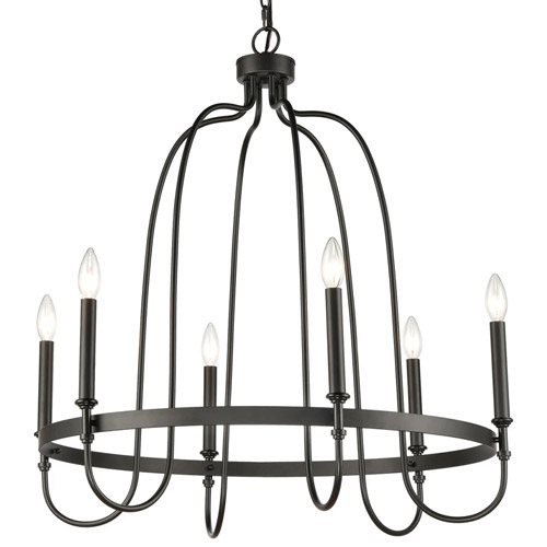 Wickshire Collection 6-Light Chandelier in Matte Black with Open Fountain-Shape Frame and Turned Candle Holders Elk 46383/6